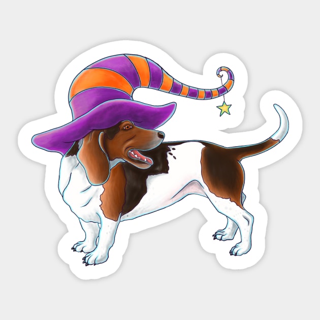 Basset Hound Halloween Witch Hat Sticker by dragonstarart